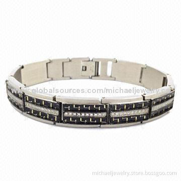 Stainless Steel Bracelets with 100pcs of CZ Stones and Yellow Carbon Fiber